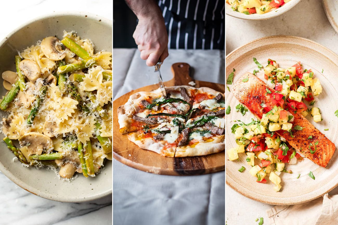 Spring dinner ideas consist of Asparagus and Mushroom Pasta, Ribeye Steak & Garlic Butter Pizza, and Pan-Seared Salmon with Pineapple Salsa